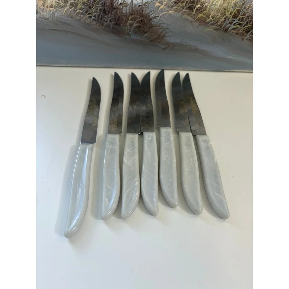 Vintage Quikut Stainless Steel Steak Knife Set 7pc Light Blue Marbled Swirl